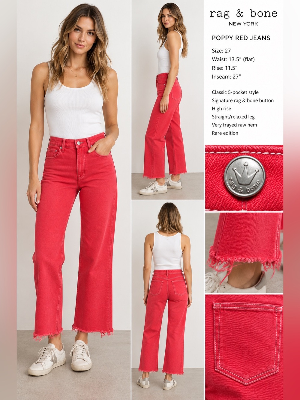 Rag & Bone Poppy Red Cropped Jeans Size 27 High Rise Frayed Hem Rare